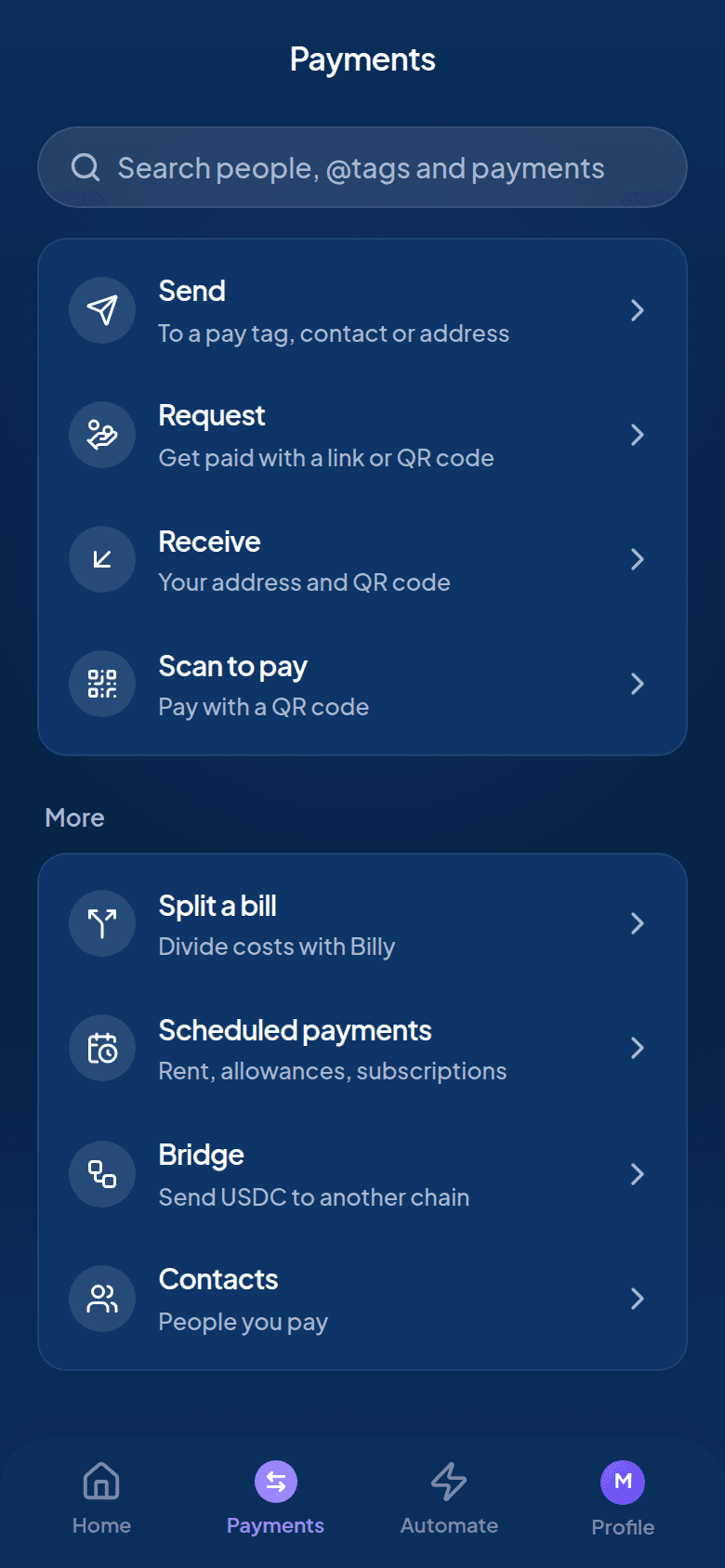 Payments screen in the glidepay app.