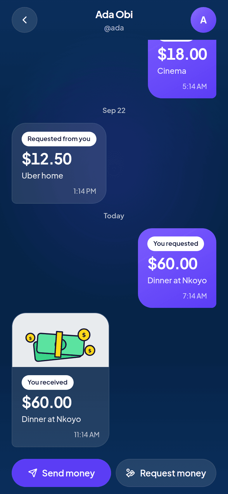 Payment threads screen in the glidepay app.
